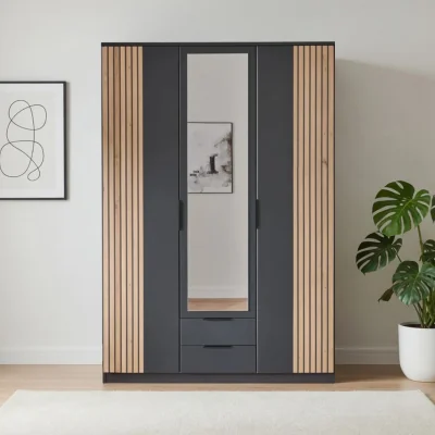 The Range London Oak and Graphite 3 Door 135cm Wardrobe with Mirror - Oak