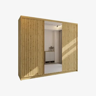 The Range London Sliding Wardrobe with Mirror Door & Strip Design, Space Saving Sliding Door Wardrobe with Shelves & Hanging Rail - Oak/Oak 250cm