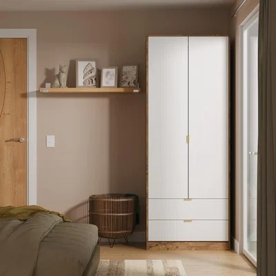The Range Linear Ready Assembled 2 Door 2 Drawer Wardrobe - White Matt & Vintage Oak