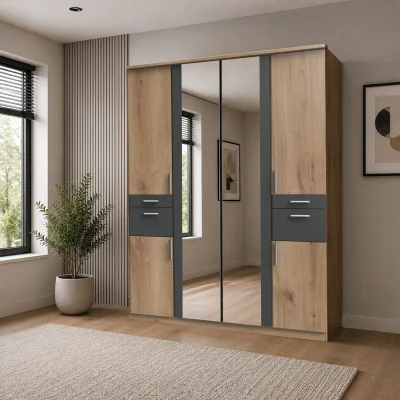 The Range Koblenz Planked Oak and Graphite 4 Door 180cm Wardrobe with Mirror - Oak