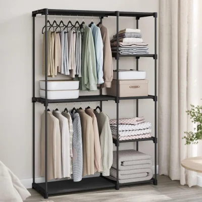 The Range Open Clothing Wardrobe with Dual Hanging Areas and Shelving Storage, Freestanding Organizer - Black