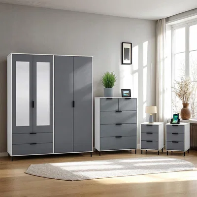 The Range Madrid 4 Door Wardrobe Bedroom Set - White and Grey Gloss