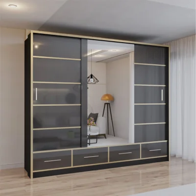 The Range High Gloss Sliding Wardrobe with LED Light - Mirror and Drawers, 2 or 3 Doors - Black