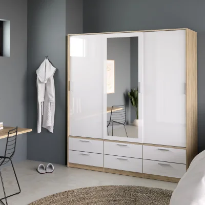 The Range Line Wardrobe 3 Doors 6 Drawers in Oak with White High Gloss - Oak & White