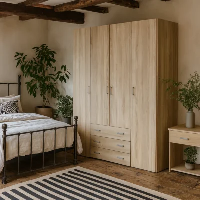 The Range Berlin Effect 4 Door Wardrobe with 3 Drawers and 4 Shelves - Natural
