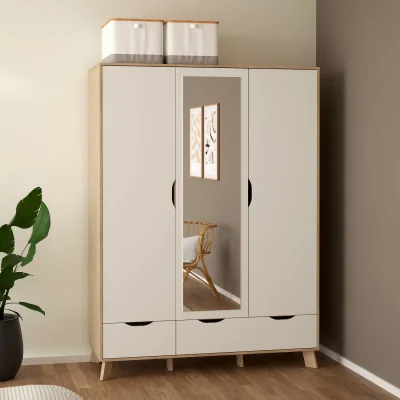 The Range Ikast Wardrobe 3 Doors and 2 Drawers with Mirror in Jackson Hickory and White - Jackson Hickory & White