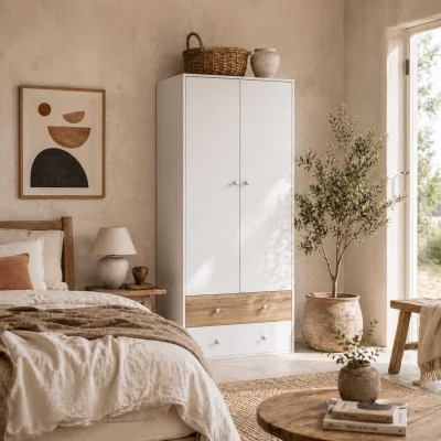 The Range Coralia White and Oak 2-Door Wardrobe with Hanging Rail and 2 Drawers