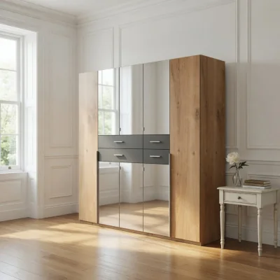 The Range Denver Planked Oak and Graphite 5 Door 225cm Wardrobe with Mirror - Oak
