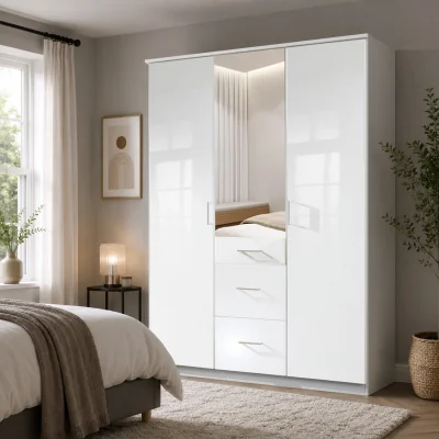 The Range Clack White Gloss 3 Door Mirrored 135cm Wardrobe - White