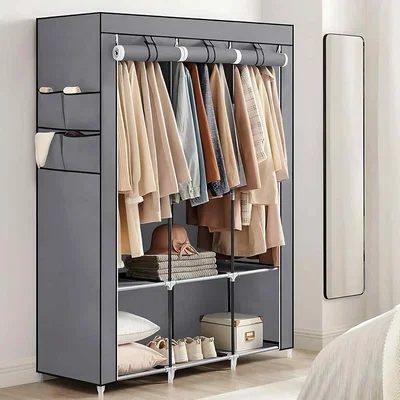 The Range Covered Clothes Wardrobe with Hanging Rails, Storage Shelves and Side Pockets, Portable Closet, Grey - Grey