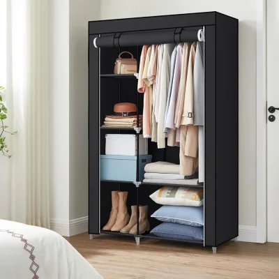 The Range Fabric Closet with Shelves and Hanging Rail, Lightweight Storage Wardrobe with Metal Frame, Black - Black