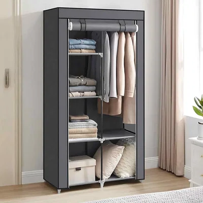 The Range Fabric Wardrobe with Hanging Rail and 6 Shelves, Freestanding Clothes Storage Organiser, Grey - Grey