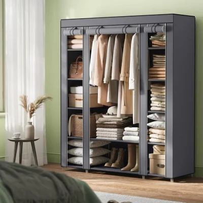 The Range Portable Fabric Wardrobe with Hanging Rail and Storage Compartments, Metal Frame, Grey - Grey