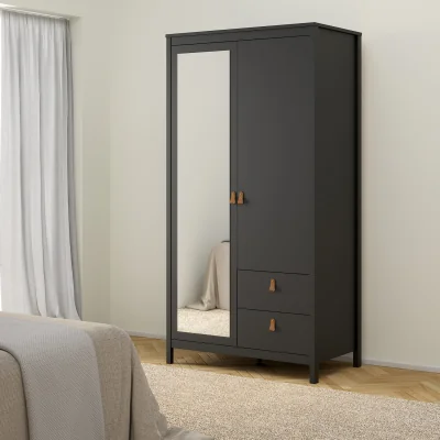 The Range Barcelona Wardrobe with 1 Door 1 Mirror Door 2 Drawers in White - Matt Black