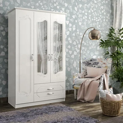 The Range ELODIE 3 Door 2 Drawer Mirrored Wardrobe, White - White