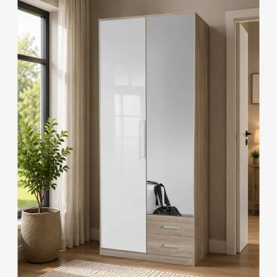 The Range Gamma Oak and White 2 Door 90cm Wardrobe with 2 Drawers - Oak
