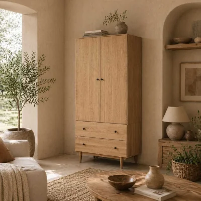 The Range Coramar Natural Wood 2 Door Wardrobe with Hanging Rail and 2 Drawers