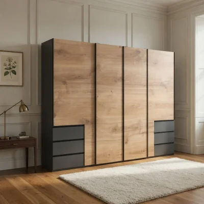 The Range Guardino 350cm 4 Door Sliding Wardrobe in Planked Oak and Graphite - Oak