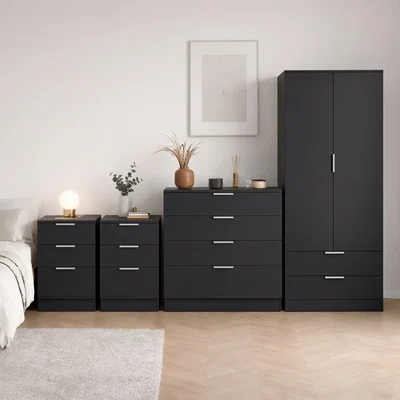 The Range Vida Designs Trega 4 Piece Bedroom Set (3 Drawer Bedside x2, 4 Drawer Chest, 2+2 Drawer Wardrobe) - Black