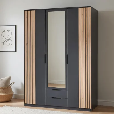 The Range Nameer 3 Door 135cm Wardrobe with Mirror Drawer in Graphite and Oak Slat Effect - Grey