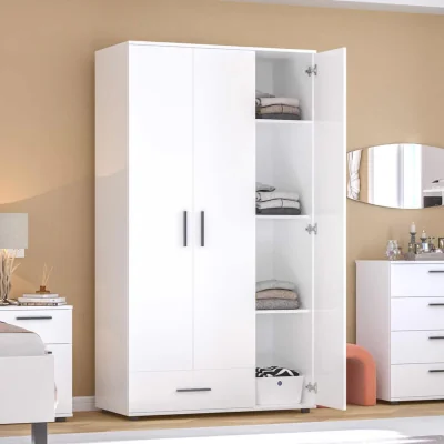 The Range FWStyle Matt White 3 Door 1 Drawer Combi Wardrobe Metal Handles  - White
