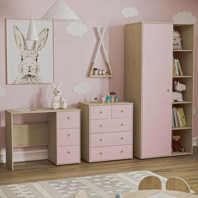 The Range Neptune 3 Piece Bedroom Set - Desk, 5 Drawer Chest, Wardrobe - Pink and Oak