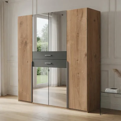 The Range Denver Planked Oak and Graphite 4 Door 180cm Wardrobe with Mirror - Oak