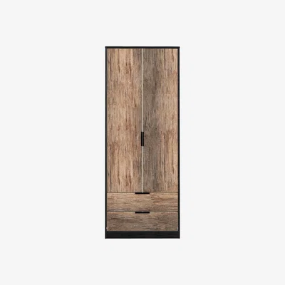 The Range Hong Kong Ready Assembled Tall 2 Drawer Wardrobe - Vintage Oak & Black / Wood Effect