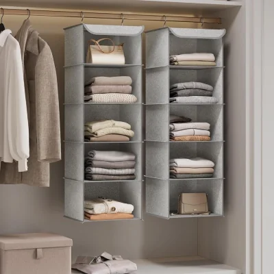 The Range Hanging Closet Storage Organiser with Bamboo Detail, Multi-Tier Wardrobe Shelf System - Light Grey
