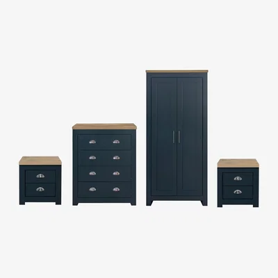 The Range Wooden 4 Piece Furniture Set Wardrobe Chest of Drawers Bedsides Highgate - Navy