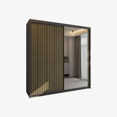 The Range London Sliding Wardrobe with Mirror Door & Strip Design, Space Saving Sliding Door Wardrobe with Shelves & Hanging Rail - Grey/Oak 150cm
