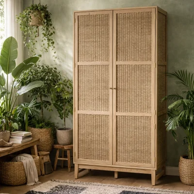 The Range Waterford Oak and Rattan 2-Door Wardrobe, Matt Finish - Natural
