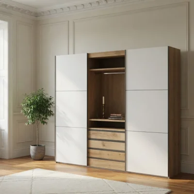 The Range Magicglass 300cm Sliding Wardrobe in White and Planked Oak - White