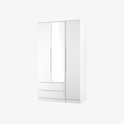 The Range Milan Ready Assembled Tall 2 Drawer Tiple Mirror Wardrobe - White Gloss & White
