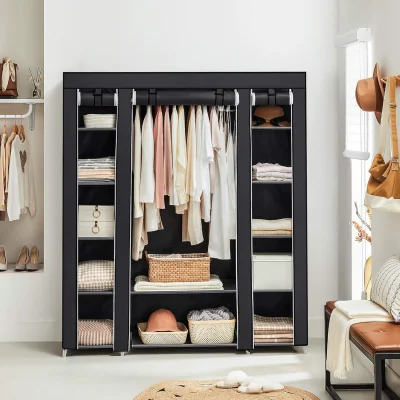 The Range Portable Fabric Wardrobe with Metal Frame and Clothes Storage Sections, Black - Black