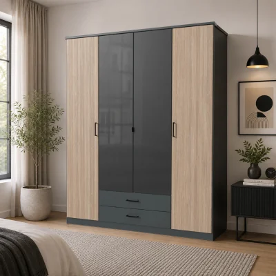 The Range Fulda 4 Door Wardrobe with 2 Drawers and Glass Centre Doors - Grey