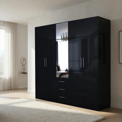 The Range Swindon Gloss Black 5 Door 200cm Wardrobe with Mirror and Drawers - Black