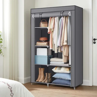 The Range Fabric Wardrobe with Metal Frame, Open Storage Closet with Hanging Rail and Shelving, Grey - Grey