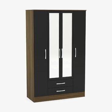 Teddy Beau Birlea Lynx 4 Door 2 Drawer Wardrobe With Mirror Walnut & Black