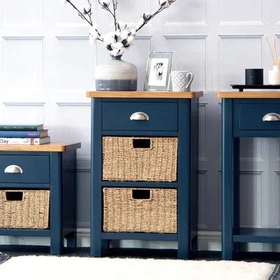 Chiltern Oak Furniture Rutland Blue Painted Oak 1 Drawer 2 Wicker Basket Cabinet