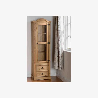 Dunelm Corona Pine 1 Door 2 Drawer Glass Display Unit Brown