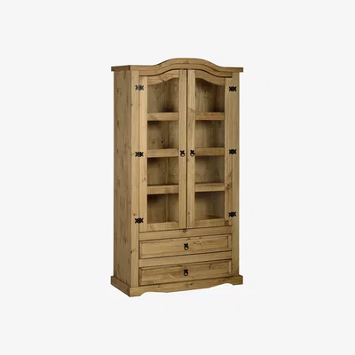 Dunelm Corona Pine 2 Door 2 Drawer Glass Display Unit Natural