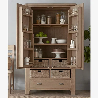 Furniture123 Smoked Oak Display Cabinet with Wicker Baskets
