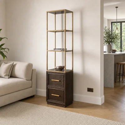 Quatropi Tall Modern Bookshelf Display Unit Cabinet Brown Oak Brass 200cm