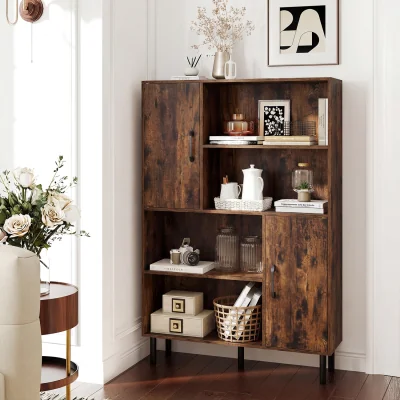The Range Cube Storage Cabinet Side Display Bookcase with Doors Open Shelves-Brown - Brown