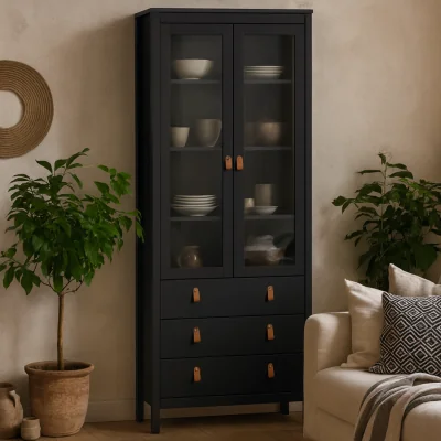The Range Wildberry Matt Display Cabinet 2 Glass Doors 3 Drawers Leather Handles - Black