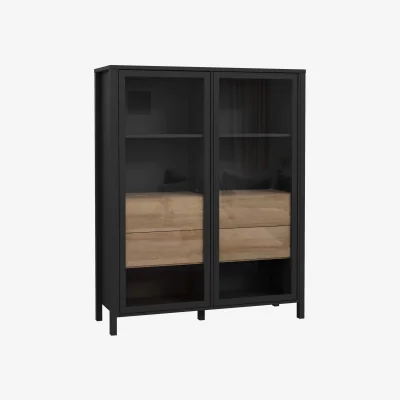 The Range Egtved Large Wide Display Cabinet, Oak-Effect and Black, 2 Glazed Doors 4 Drawers - Oak-effect