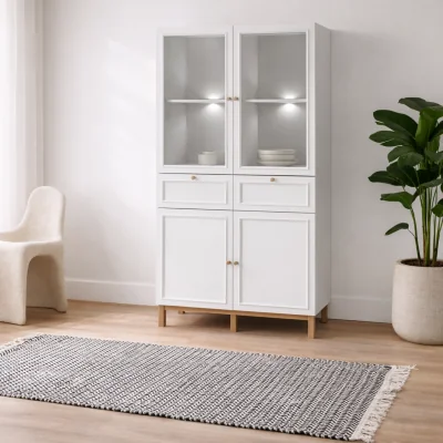 The Range Wyld Haus Niva Display Cabinet, Light Grey and Natural Oak-Effect, 4 Glass Doors 2 Drawers - Light grey and oak effect