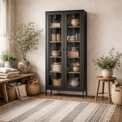 The Range Barla Matt Steel Display Cabinet with 2 Glass Doors - Matt Black