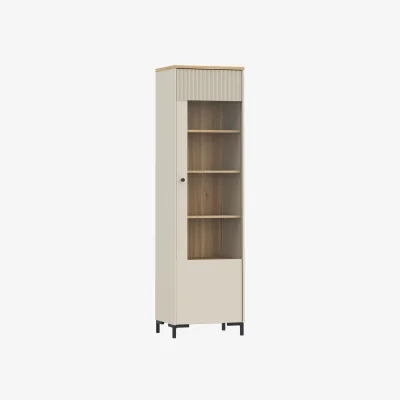 The Range Bixbite Tall Display Cabinet with Fluted Detail, Door & Open Shelving in Mauvella Oak and Sand - Mauvella Oak & Sand